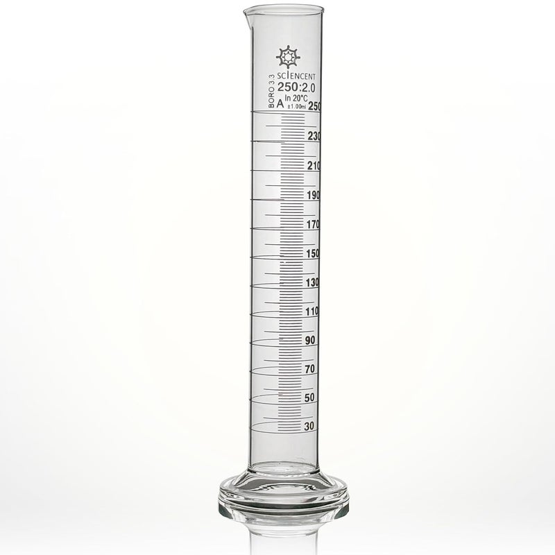 SCIENCENT WITH DEVICE Premium Lab Glass Graduated Cylinder 250 ml Class A ±1ml Borosilicate 250ml Measuring Cylinder - Image 1